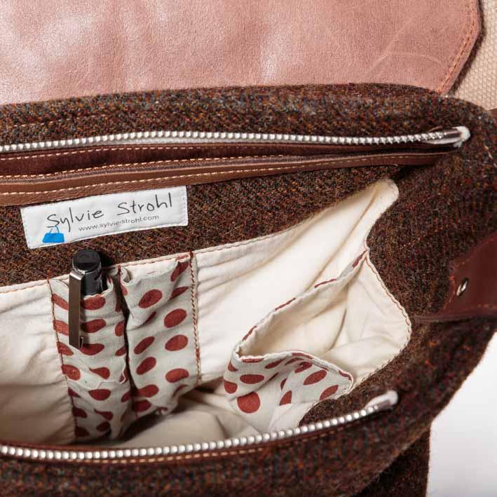 SAC BESACE BANDOULIERE CUIR ET TWEED INTERIEUR