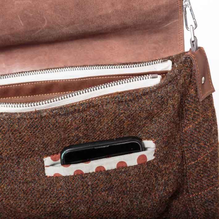 SAC BESACE BANDOULIERE AVEC CUIR ET TWEED POUR FEMME DETAIL POCHE