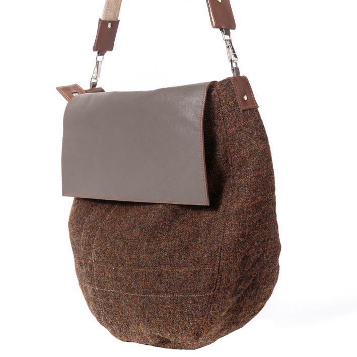 SAC BESACE BANDOULIERE TWEED MARRON CUIR POUR FEMME