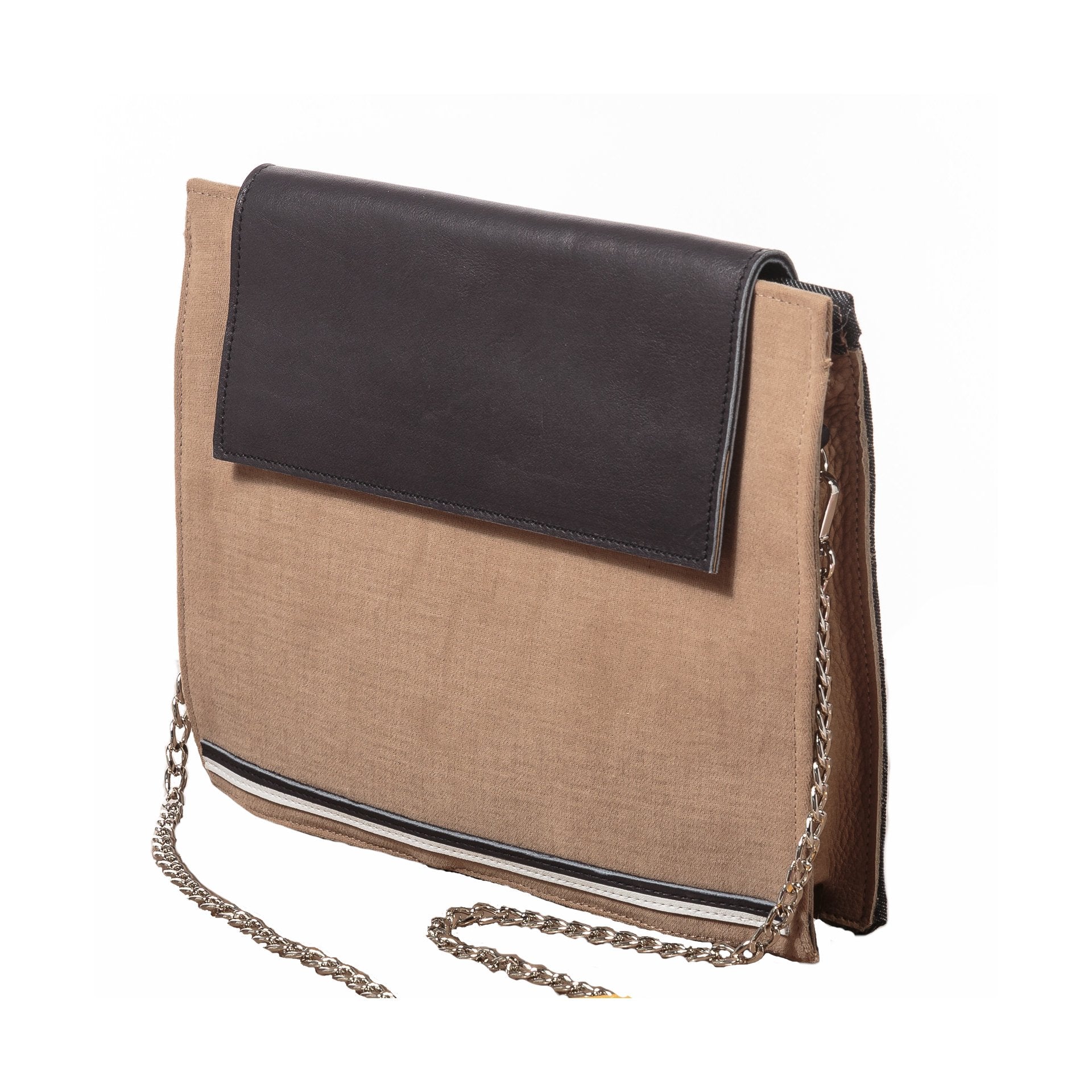 Petit sac bandoulière carré beige avec rabat cuir noir