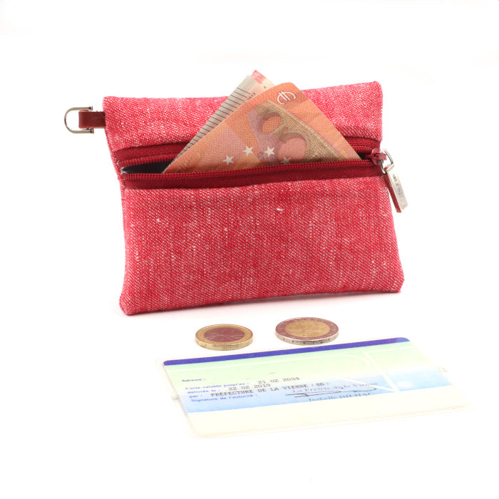 Women's CB card holder wallet in red leather and linen