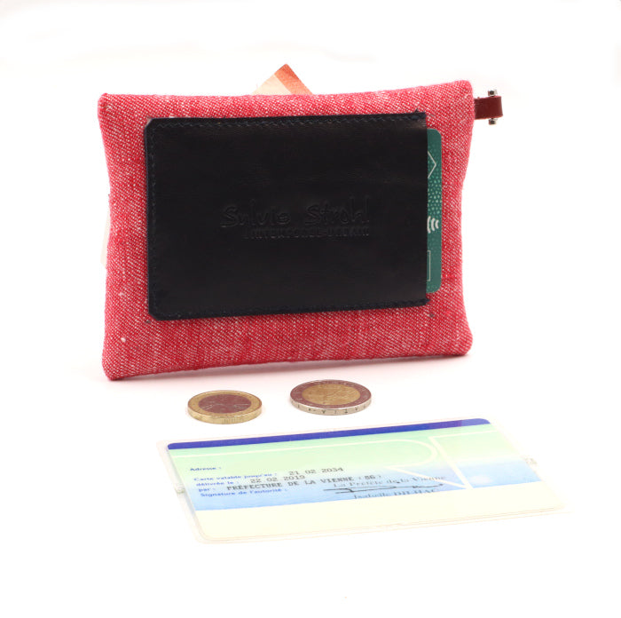 Women's CB card holder wallet in red leather and linen