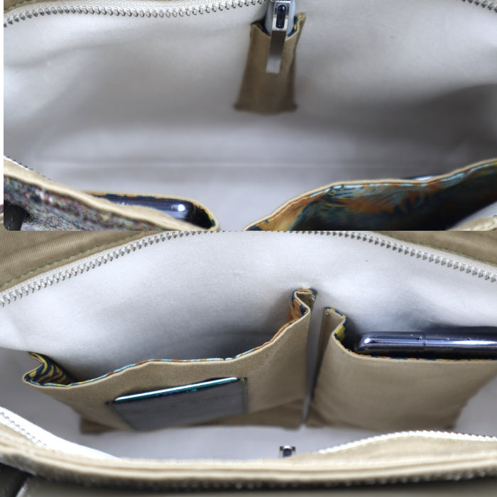 Intérieur d'un petit sac trapèze féminin en Tweed irlandais et cuir bronze 