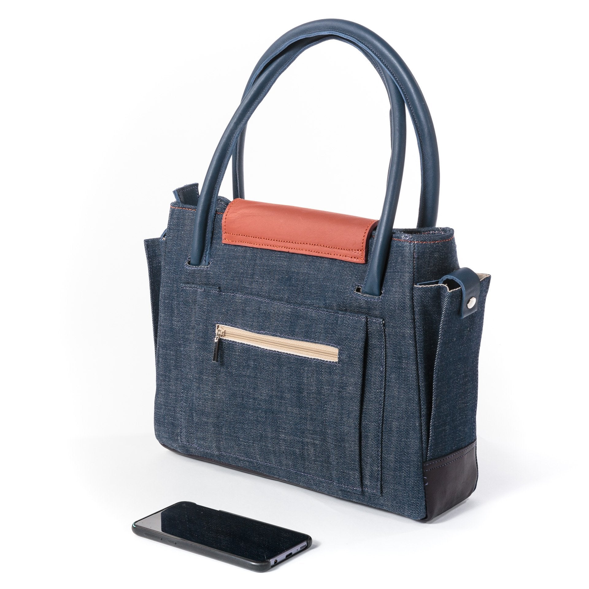 sac à main cabas en Denim et cuirs bleu et rouge dos