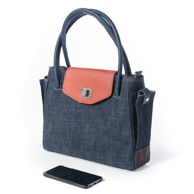 Photographie du produit Célia 3, the tote bag in Denim canvas and Blue and Red leather