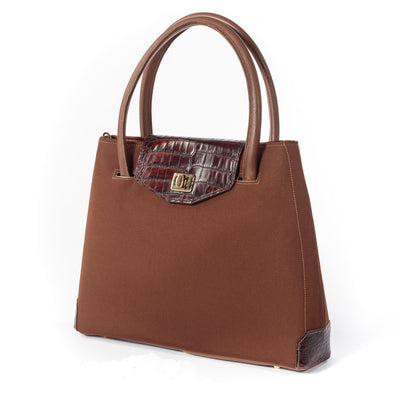 Photographie du produit Olivia 100, the copper brown trapeze bag with crocodile effect leather