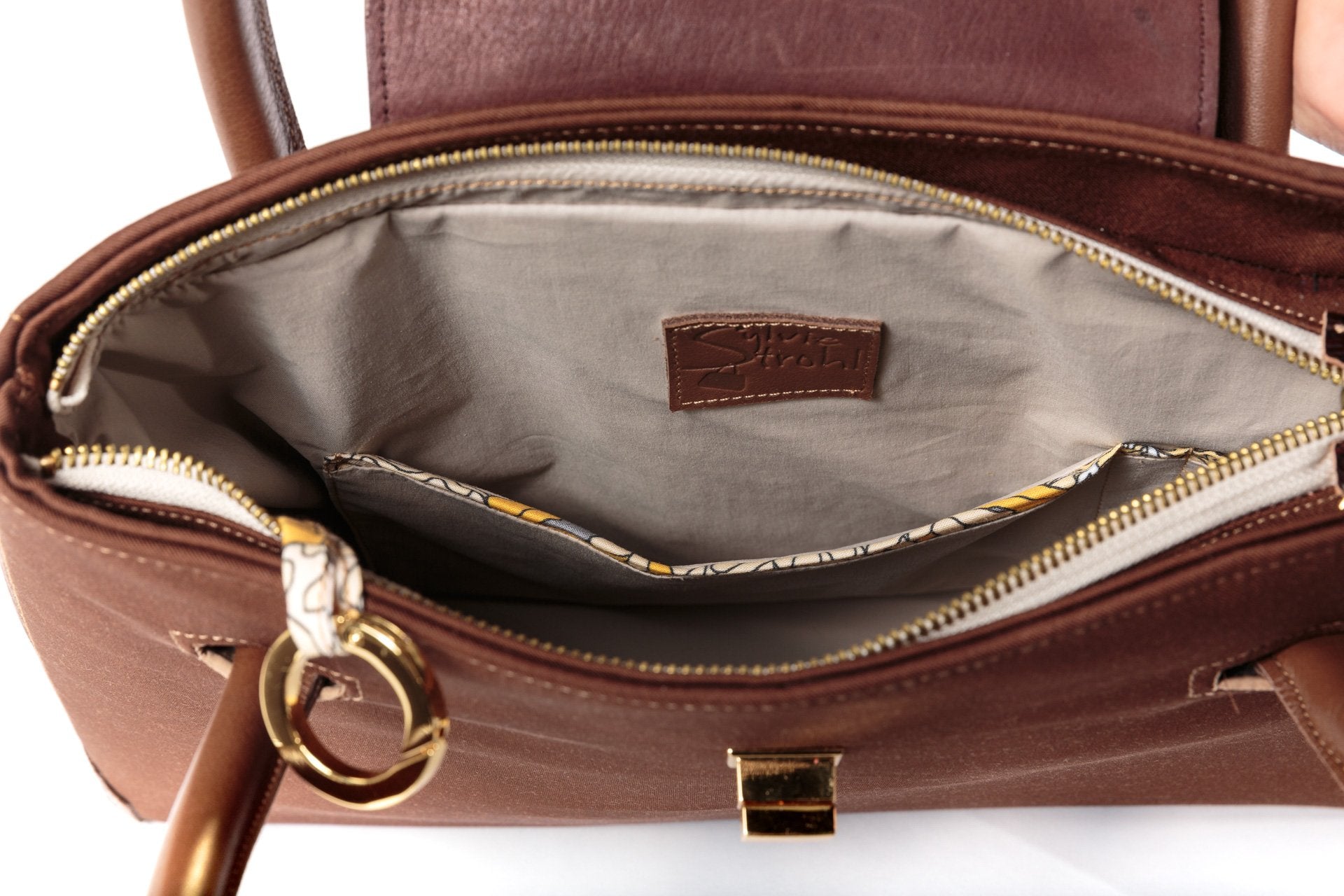 SAC A MAIN TRAPEZE BRUN CUIR FACON CROCO INTERIEUR